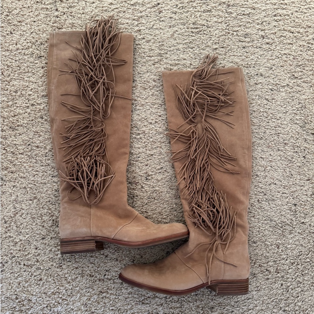 Fringe Tan Knee-High Boots